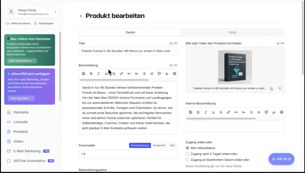 alfima All-In-One Tool Produkt bearbeiten