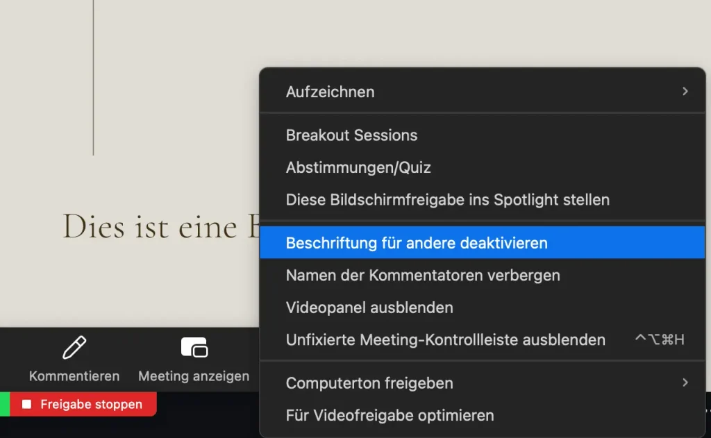 Annotation in Zoom deaktivieren während einem laufenden Meeting